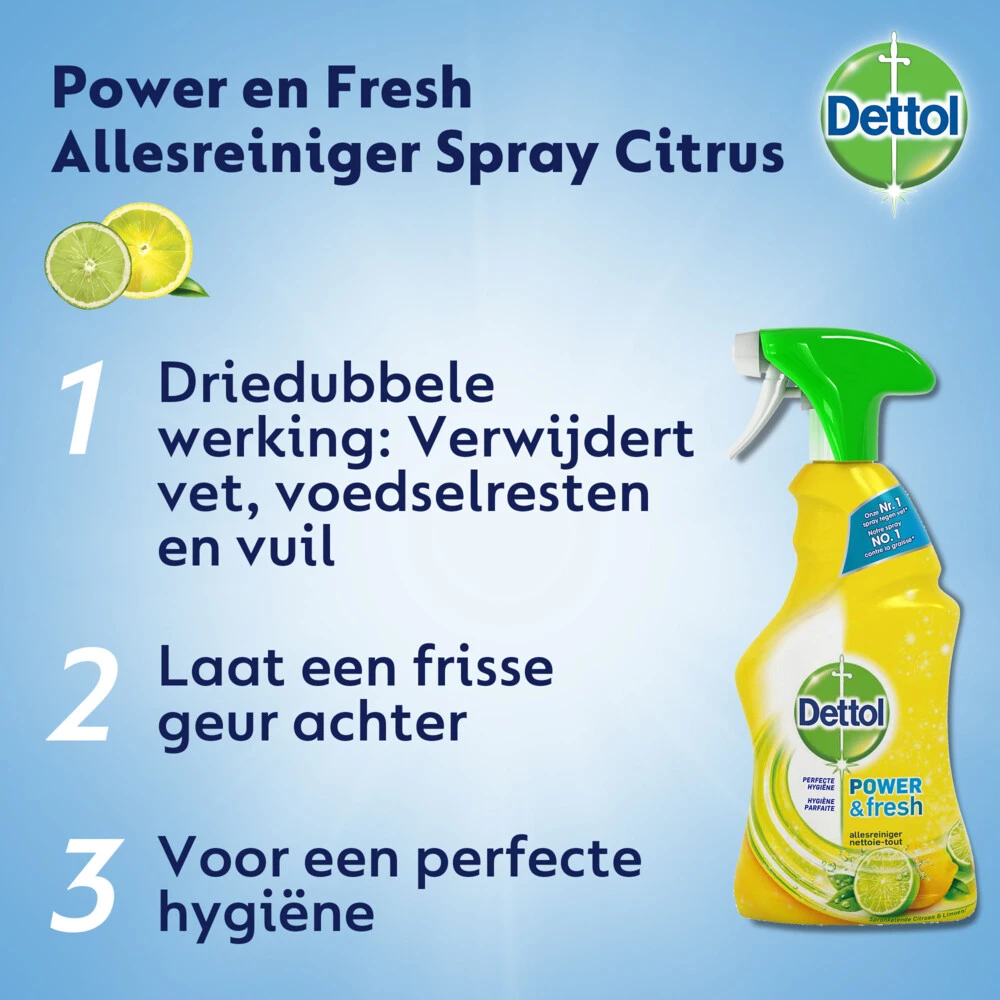 Dettol Power & Fresh Citrus Schoonmaakdoekjes & Allesreiniger Spray Pakket 5 Dettol Power & Fresh Citrus Schoonmaakdoekjes & Allesreiniger Spray Pakket - Afbeelding 3