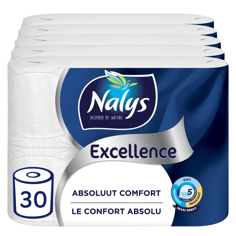 5x Nalys Excellence Maxi-Vel Toiletpapier In Papieren Verpakking 5-Laags 3 5x Nalys Excellence Maxi-Vel Toiletpapier In Papieren Verpakking 5-Laags