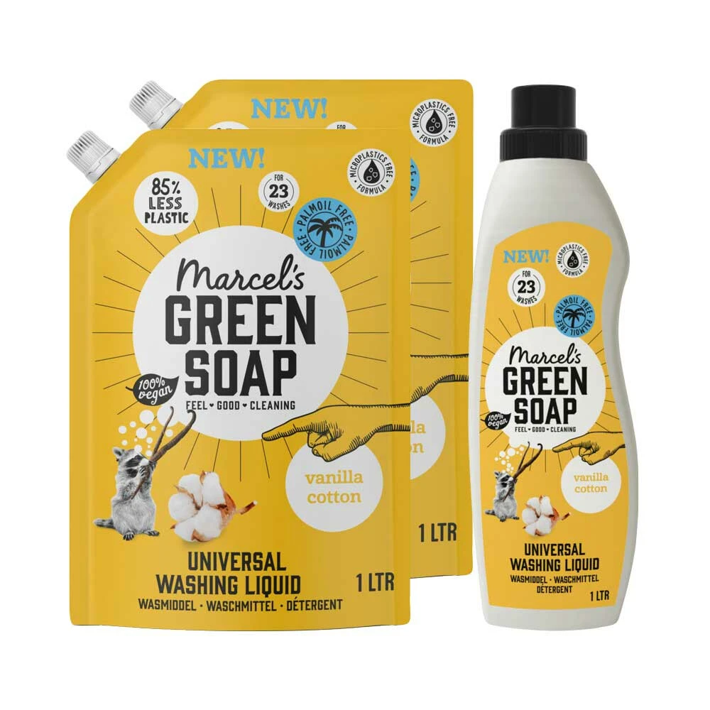 Marcelu0027s Green Soap Wasmiddel En Navulling Katoen & Vanille Pakket 3 Marcelu0027s Green Soap Wasmiddel En Navulling Katoen & Vanille Pakket
