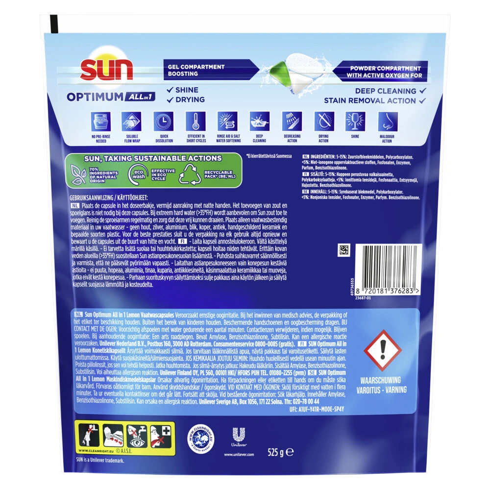 SUN® 8x Sun Optimum All-in 1 Vaatwascapsules Citroen 4 SUN® 8x Sun Optimum All-in 1 Vaatwascapsules Citroen - Afbeelding 2